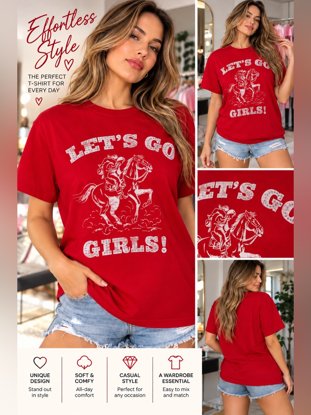 PINK Victoria's Secret Red Graphic Tee - "Let's Go Girls!" Sz Small NWT